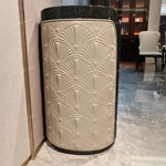 Curved Marble-Top Sideboard with Glossy Wood Veneer & Quilted Leather Accents
